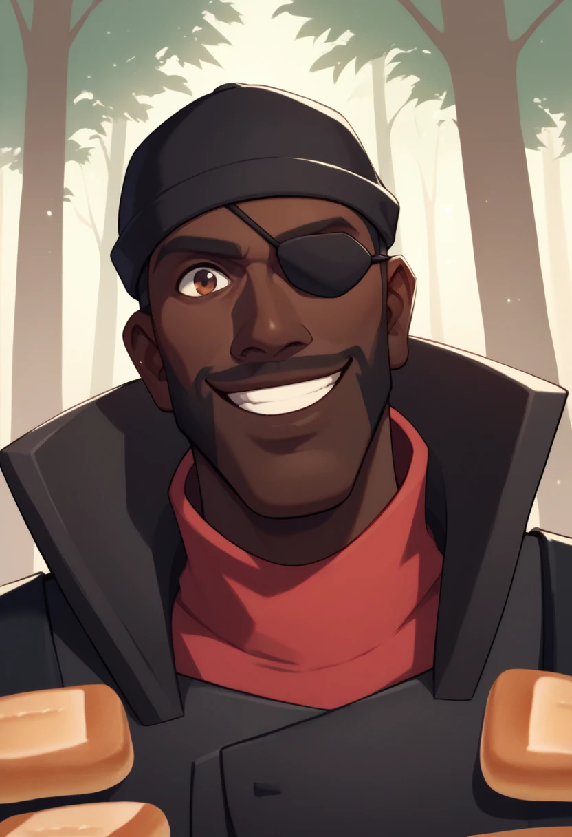 <lora:demoman_TF2_PDXL_Mlaofmd-10:1.>,score_9, score_8_up, score_7_up, 1boy, demotf2, brown eyes, dark skin, dark-skinned male, eyepatch, facial hair, bread, red team, black hat, black vest, red shirt, red pants, solo, smile, forest, looking at viewer