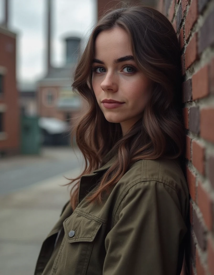 a beautiful 30 year old woman with brown hair. Lean against a wall with one leg bent and the other straight, showcasing the silhouette., industrial district, with towering smokestacks, rumbling freight trains, the clatter of machinery echoing through empty streets,<lora:sarah-desjardins-V2:1> s_desjardins,