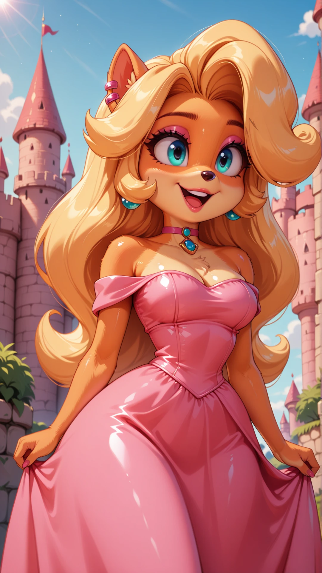 <lora:Princess_Peach_Shiny_Style_V3.0_Illustrious:0.7>,tawna bandicoot,1girl,solo,jewelry,earrings,long hair,breasts,very long hair,big hair,choker,dress,medium breasts,bare shoulders,:d,outdoors,smile,open mouth,shiny,shiny skin,castle,furry,furry female,