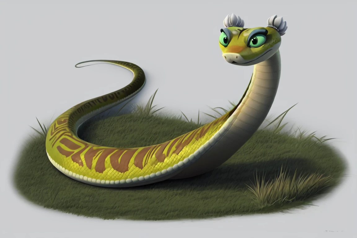 Masterpiece,Best Quality,master viper,snake,grass,full body,feral,thin tail,simple background,solo,<lora:master viper-000008:1>,(headdress:1.1),full body,belly,perfection detail,extreme detail,in autumn,bridge,