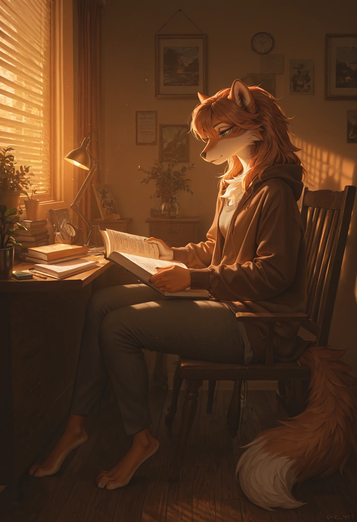masterpiece, furry, safe, solo, female civet, cinematic, creative, cozy clothes, reading books, studying, bedroom