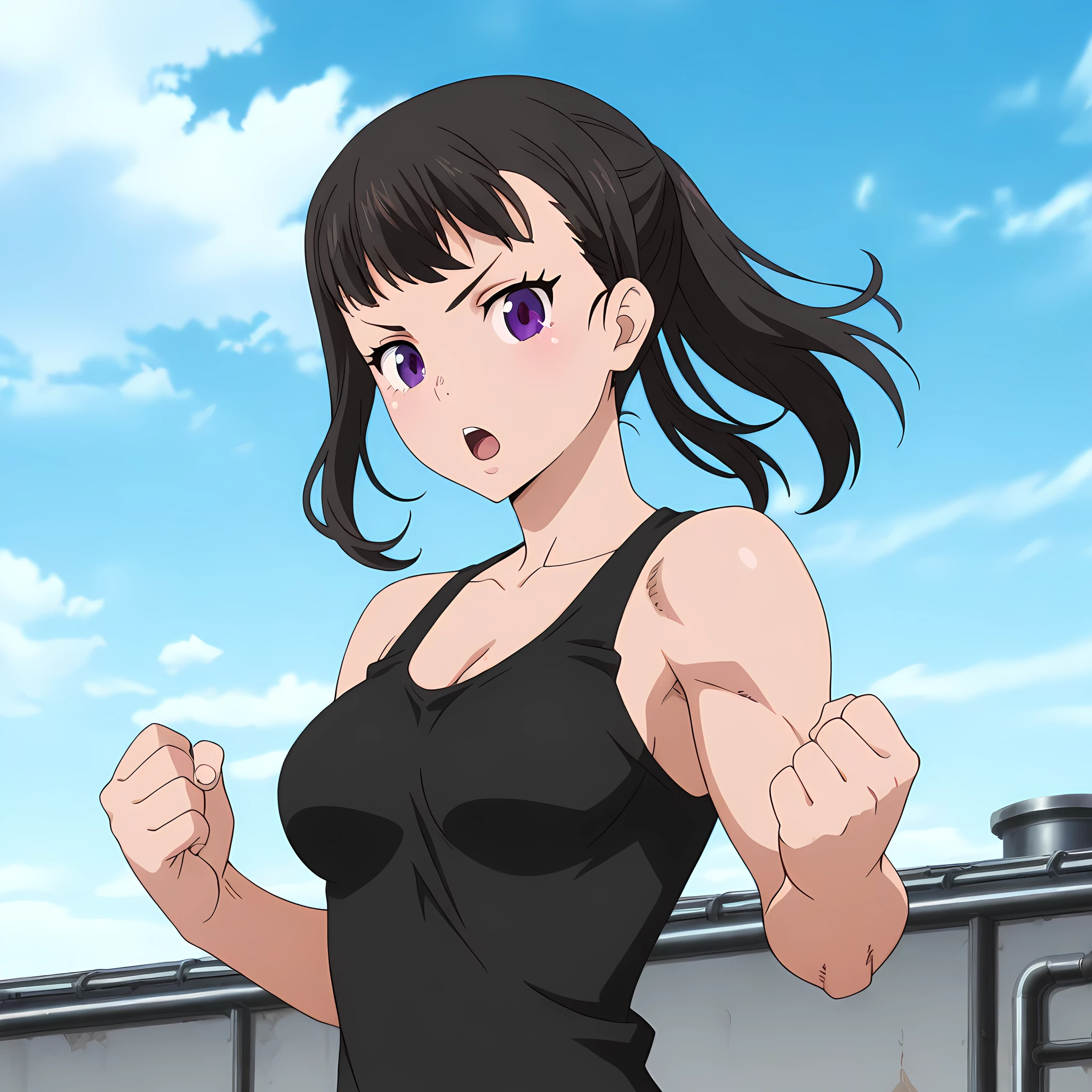 maki_oze, inneroutfit, 1girl, solo, purple eyes, black hair, tank top, cleavage, black tank top, looking at viewer, muscular:0.6, sky, bangs, clenched hands, medium breasts, anime coloring, day, upper body, cloud, outdoors, bare shoulders, open mouth, collarbone, fighting stance, <lora:MakiOze-FireForce-IllustXL:1>, (masterpiece),(best quality),(ultra-detailed),(best illustration),(best shadow),(absurdres),(detailed background),(very aesthetic),