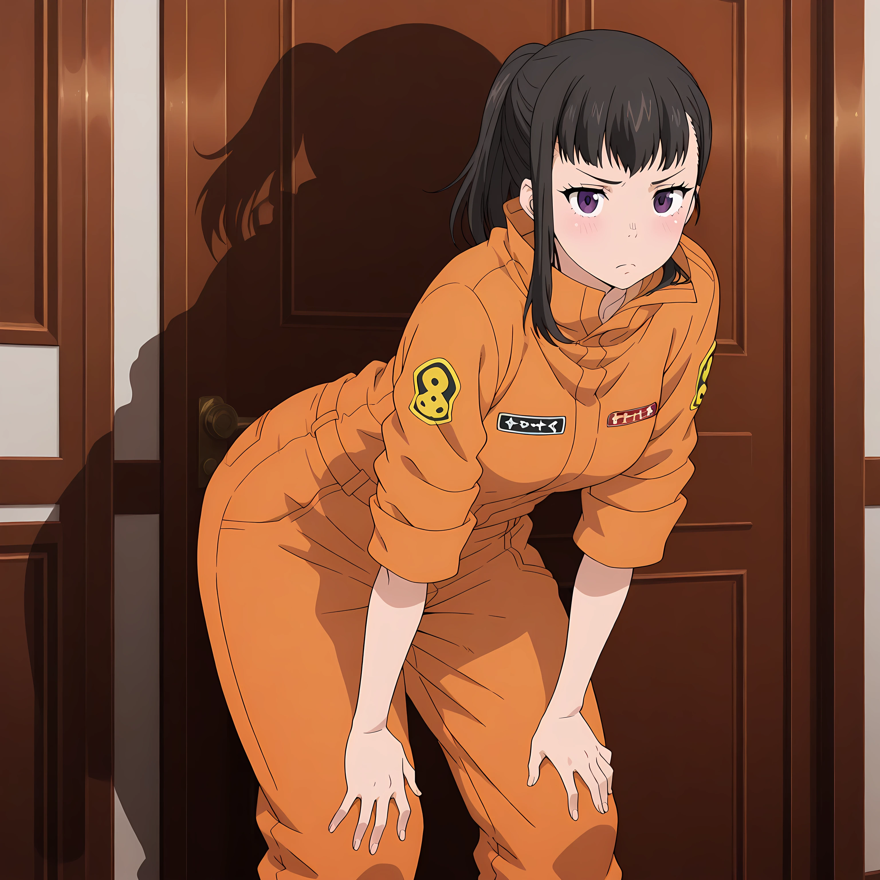 maki_oze, defoutfit, 1girl, solo, jumpsuit, black hair, purple eyes, leaning forward, looking at viewer, bangs, hands on own knees, hands on own thighs, frown, door, ponytail, blush, closed mouth <lora:MakiOze-FireForce-IllustXL:1>, (masterpiece),(best quality),(ultra-detailed),(best illustration),(best shadow),(absurdres),(detailed background),(very aesthetic),