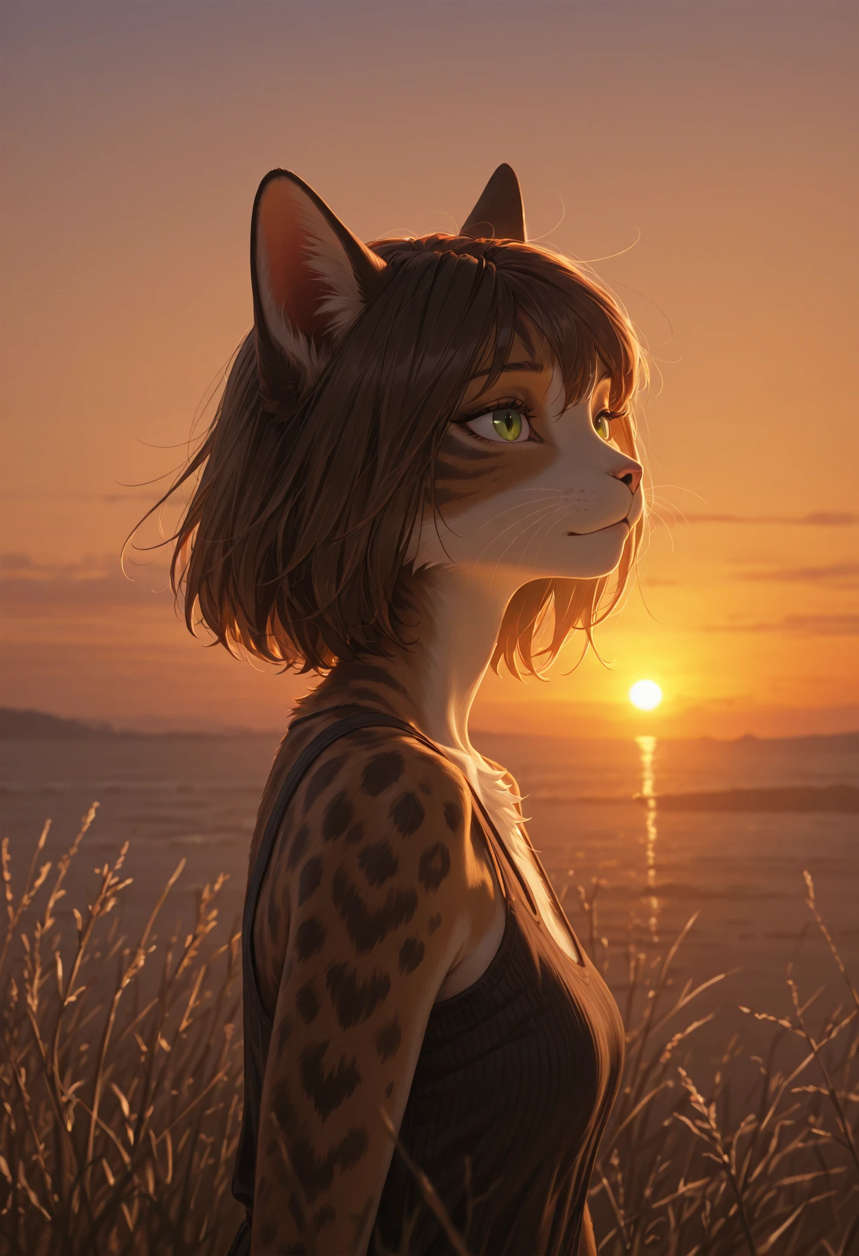 masterpiece, furry, safe, solo, female cat, cinematic, creative, looking at sunset