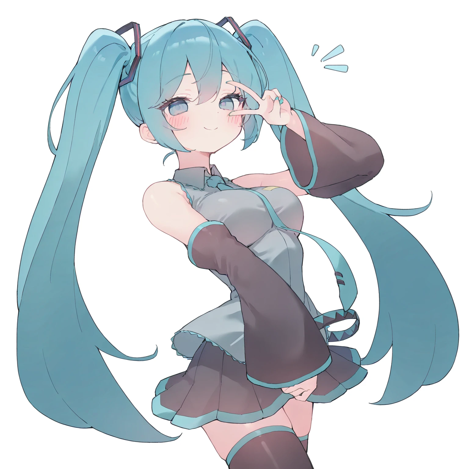 masterpiece, best quality, amazing quality, very aesthetic, absurdres, newest,
<lora:Koushin_Ryo_style_ILLUST-000008:0.95> koushin ryo, 
1girl, solo, hatsune miku, blue eyes, blue hair, long hair, long twintails, hair ornament,
large breasts, necktie, detached sleeves, shirt, skirt, thighhighs, 
blush, smile, v over eye,