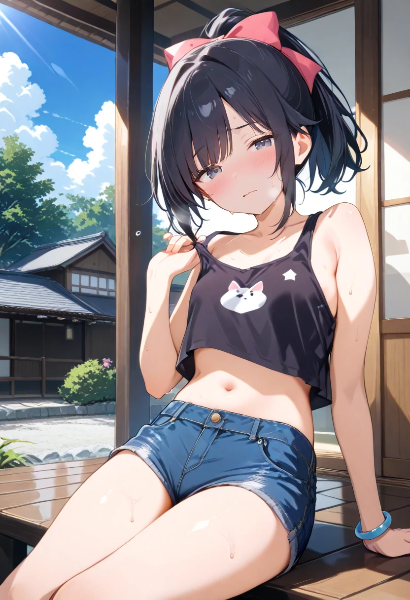 1girl, solo, navel, looking at viewer, ponytail, bare shoulders, black hair, sitting, midriff, blue eyes, wavy mouth, half-closed eyes, hot, summer, sweat, sweatdrop, short shorts, hair bow, outdoors, collarbone, denim shorts, bare arms, denim, day, blue shorts, sidelocks, thighs, bangs, tree, bracelet, arm support, small breasts, stomach, sleeveless shirt, sky, flower, pink bow, blush, closed mouth, cowboy shot, black tank top, midriff peek, building, hand up, red bow, black shirt, house, eyebrows visible through hair, blue sky, cloud, strap pull, armpit crease, grey eyes, leaning back, wristband, crop top overhang, window, high ponytail, parted lips, short hair, veranda, animal print, bare legs, arm at side, hair intakes, hair ribbon, armpits, strap lift, railing, shiny, sunlight, high-waist shorts,
masterpiece, high score, great score, absurdres, safe,