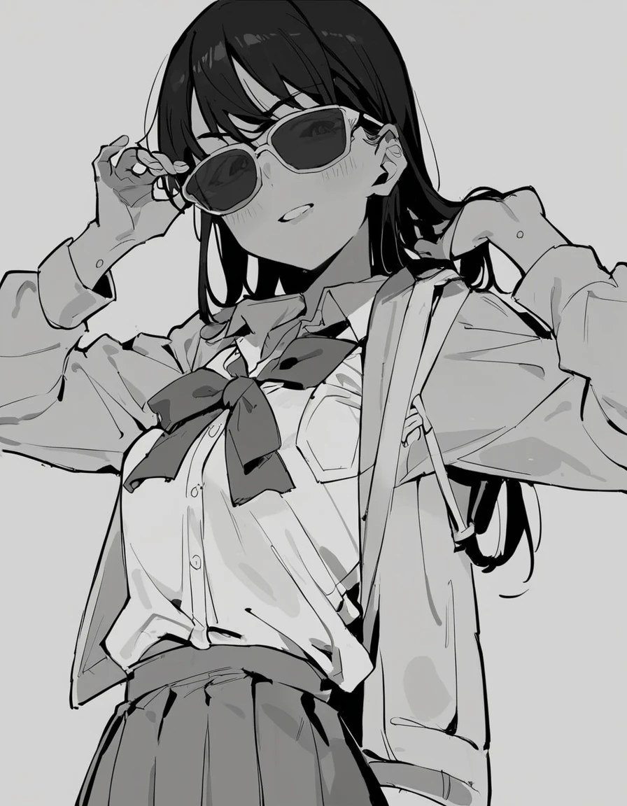 score_9, score_8_up, score_7_up, score_6_up, source_anime, anime coloring,  <lora:by_barbarian_takamoto-000017:0.8> by barbarian takamoto, 1girl, solo, greyscale, monochrome, sunglasses, school uniform