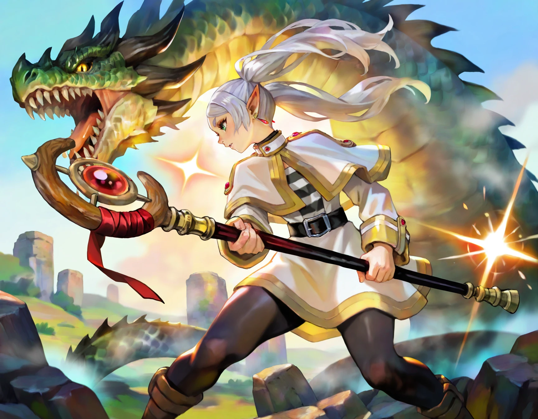 frieren,dragon's crown,solo,
1girl,elf,
masterpiece,best quality,highres,
white shirt,white skirt,black pantyhose,holding staff,mage staff,casting spell,dragon,fighting,from side