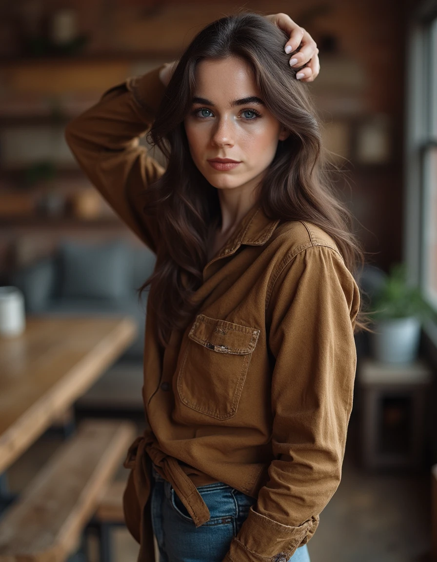 a beautiful 30 year old woman with brown hair. Stand with one hand resting on the waist and the other arm raised above the head., a rustic loft, with wooden furniture, earthy tones, cozy atmosphere, warm lighting,<lora:sarah-desjardins-V2:1> s_desjardins,
