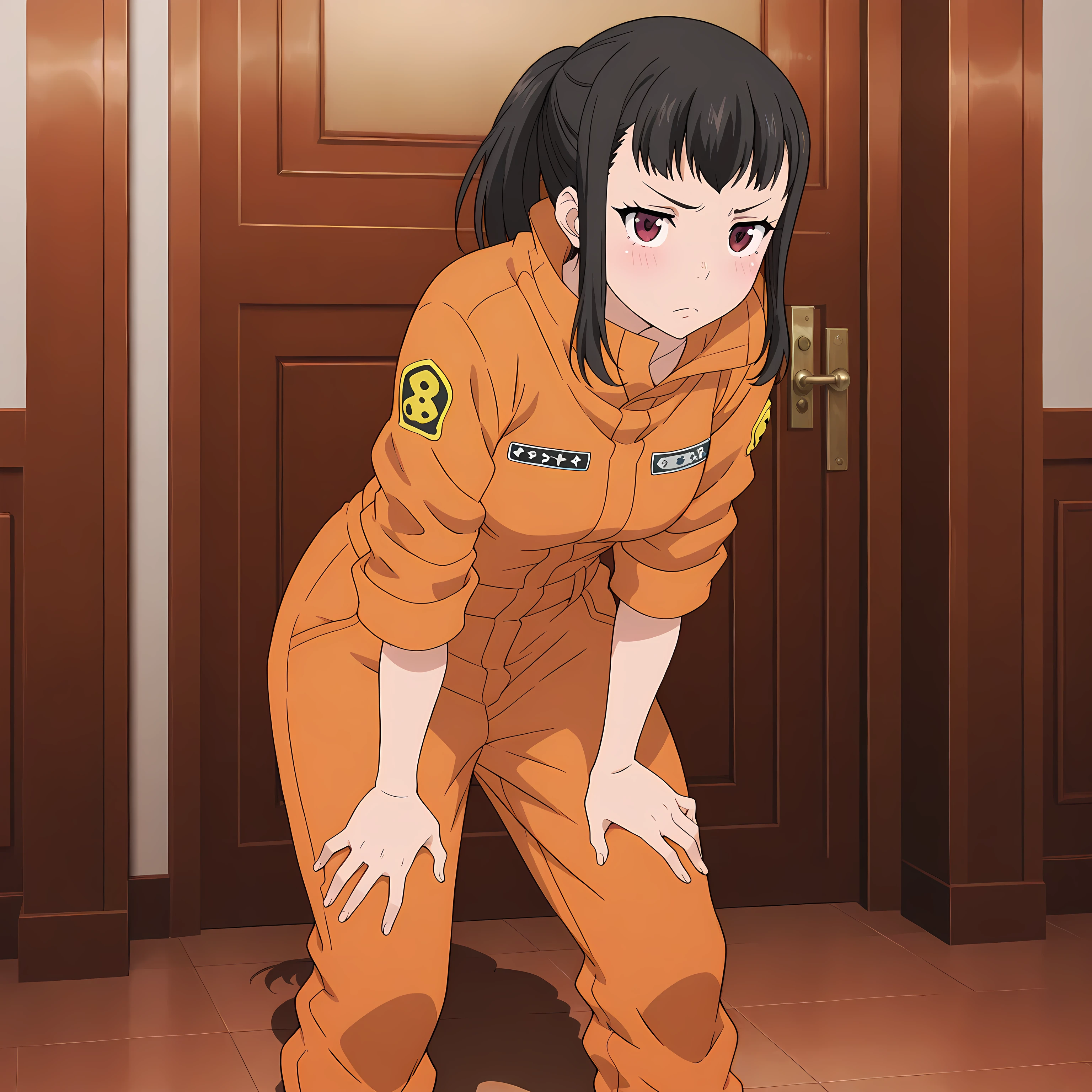 maki_oze, defoutfit, 1girl, solo, jumpsuit, black hair, purple eyes, leaning forward, looking at viewer, bangs, hands on own knees, hands on own thighs, frown, door, ponytail, blush, closed mouth <lora:MakiOze-FireForce-IllustXL:1>, (masterpiece),(best quality),(ultra-detailed),(best illustration),(best shadow),(absurdres),(detailed background),(very aesthetic),