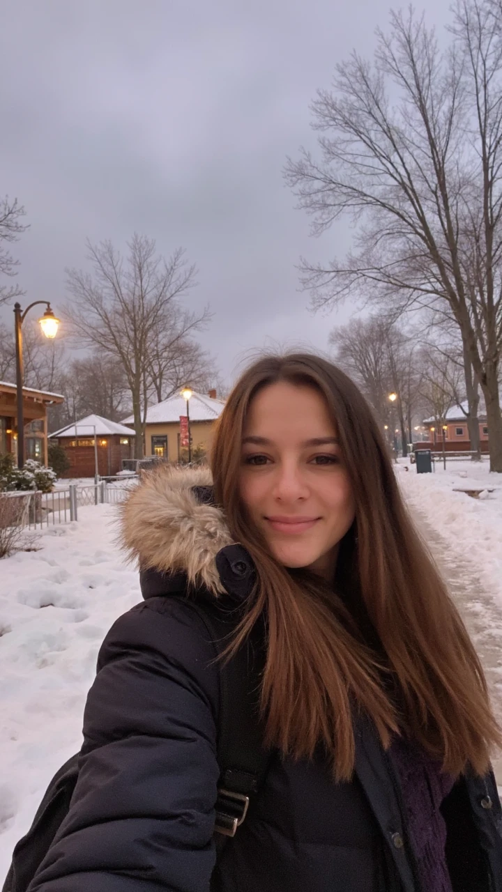 early 2010s snapshot photo captured with a phone and saved as IMG_2018.CR2, A woman in her late 20s with long brown hair smiling outdoors on a snowy evening. She is wearing a black winter jacket with a fur-lined hood and carrying a black backpack. The background features snow-covered ground, bare trees, street lamps glowing warmly, and small buildings with snow on their roofs. The sky is overcast with a soft, grayish-purple hue, creating a cozy winter atmosphere.