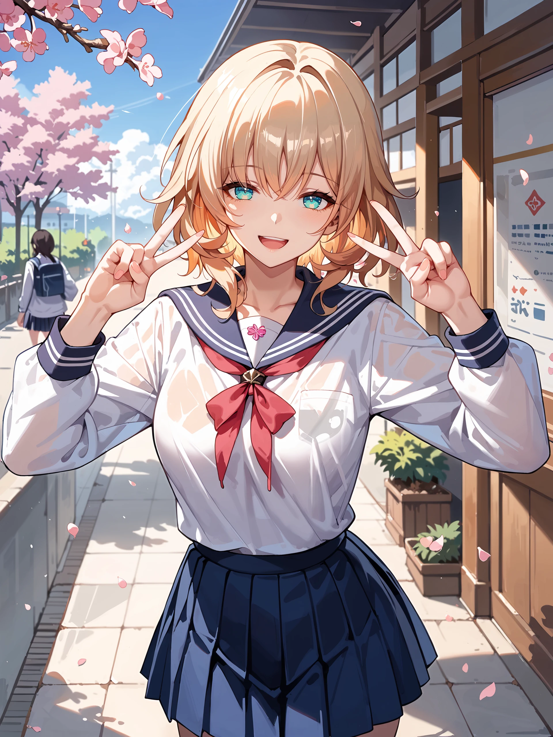 score_9, score_8_up, score_7_up, source_anime, ray tracing, best quality, <lora:Style-Expressive_H-pony:0.8:hr=0.4>, <lora:Char-HonkaiSR-Aglaea-V1-Pony:0.9:hr=0.6>, 1girl, solo, aglaea \(honkai: star rail\), solo, school uniform, white shirt, sweater, pleated skirt, light smile, double v, looking at viewer, smile, open mouth, outdoors, street, cherry blossoms, petals, depth of field