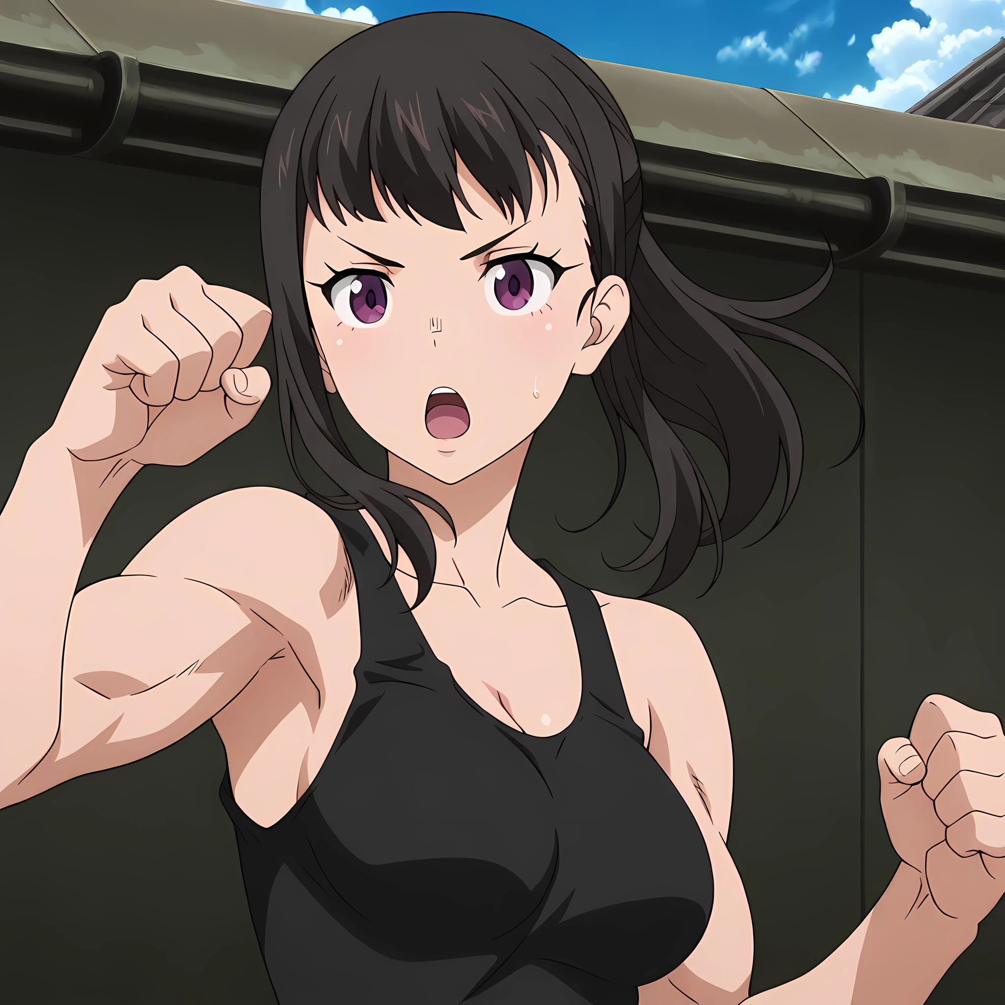 maki_oze, inneroutfit, 1girl, solo, purple eyes, black hair, tank top, cleavage, black tank top, looking at viewer, muscular:0.6, sky, bangs, clenched hands, medium breasts, anime coloring, day, upper body, cloud, outdoors, bare shoulders, open mouth, collarbone, fighting stance, <lora:MakiOze-FireForce-IllustXL:1>, (masterpiece),(best quality),(ultra-detailed),(best illustration),(best shadow),(absurdres),(detailed background),(very aesthetic),