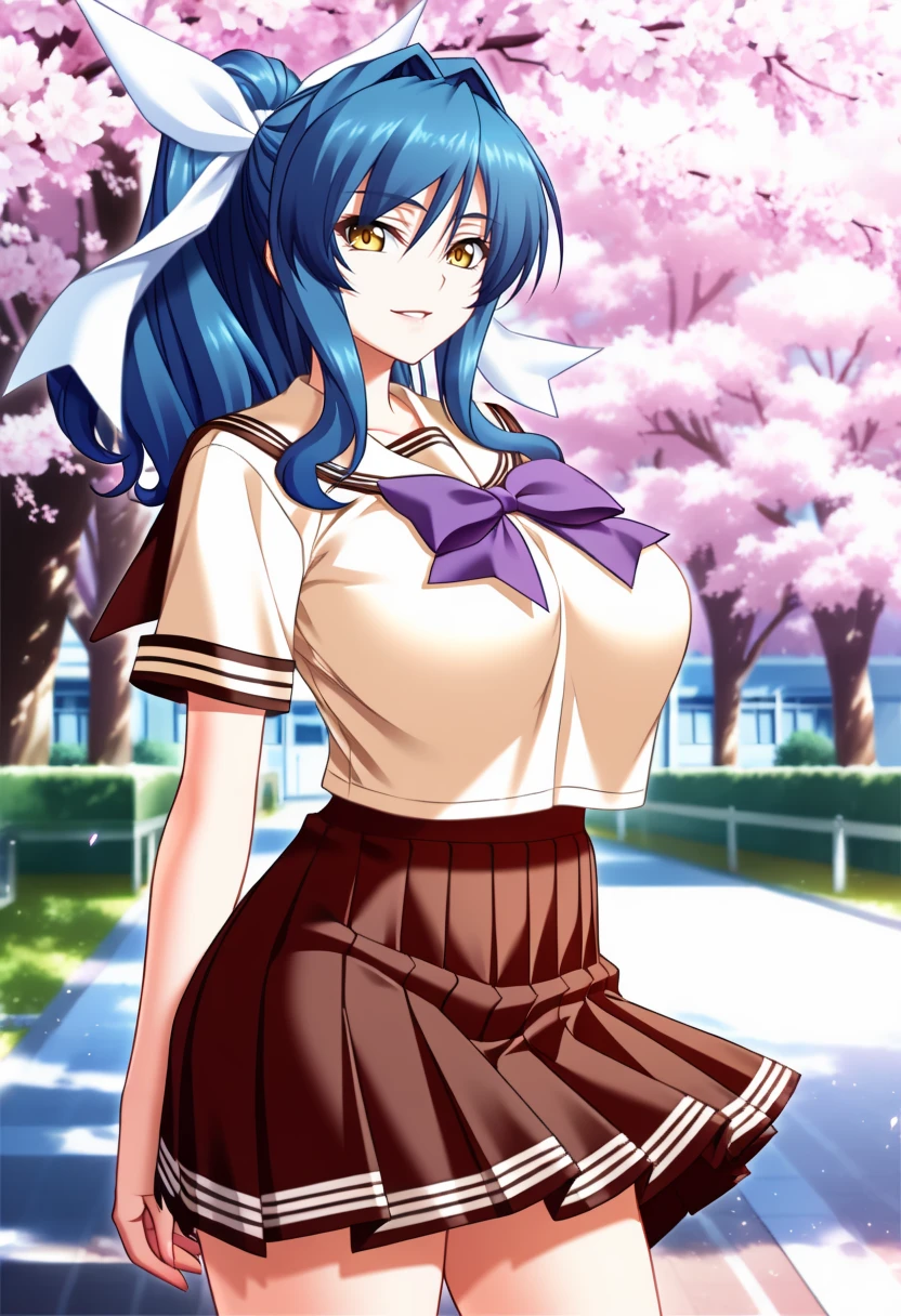 masterpiece, best quality, amazing quality,yuuna hagiura, yellow eyes, blue hair, hair intakes, long hair, ponytail, white ribbon, hair ribbon, 1girl, solo, school uniform, breasts,serafuku, large breasts,light brown shirt, brown skirt, purple bow, short sleeves, parted lips, light smile, standing, looking at viewer, cowboy shot, blurry background, outdoors, school, cherry blossoms <lora:yuuna hagiuraV1:1>