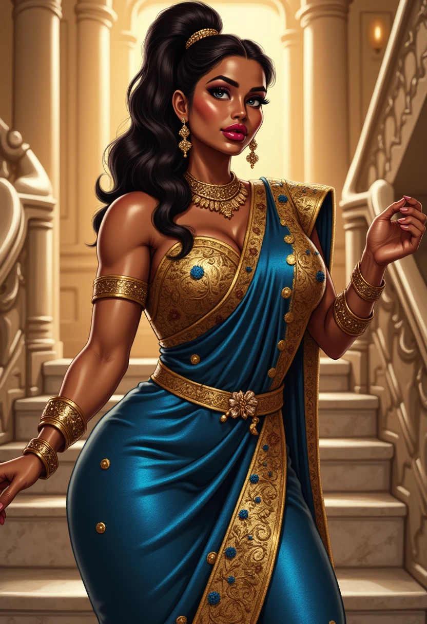Busty indian woman in bimbofusion artstyle with an hourglass body, small waist, and wide hips with a big ass, wearing a sparkling, deep-cut blue and gold saree with intricate embroidery. She has warm golden brown skin, thick, luscious black hair styled in a high, decorative ponytail, very full luscious lips painted deep red, and huge breasts. She stands on a grand marble staircase, bathed in soft golden light, adjusting her bangles as she playfully winks at the viewer. <lora:bimbofusion_flux_v1:1.1>