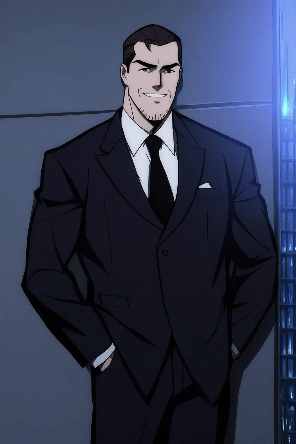 masterpiece, good quality, best quality, very awa, very as2, absurdres, highres,
1boy, facial hair, muscular, black suit, hands in pocket, at night, smile
<lora:TomorrowverseStylelluLYCO:1> solo, on back, smile