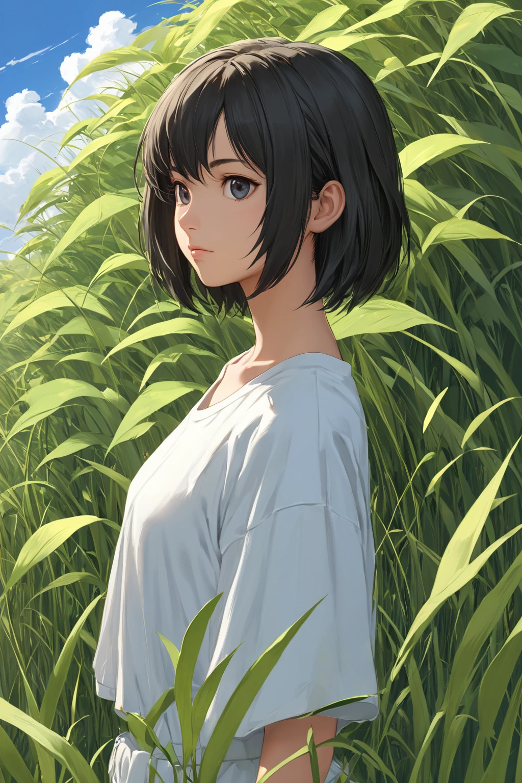 angel with a katakana, serious, finely detailed, made by wlop, studio ghibli, artgerm, full body portrait, illustration, grass, sunny, sky, anime, side view, perfect anime face, detailed face, zoomed out, smooth, ilya kuvshinov