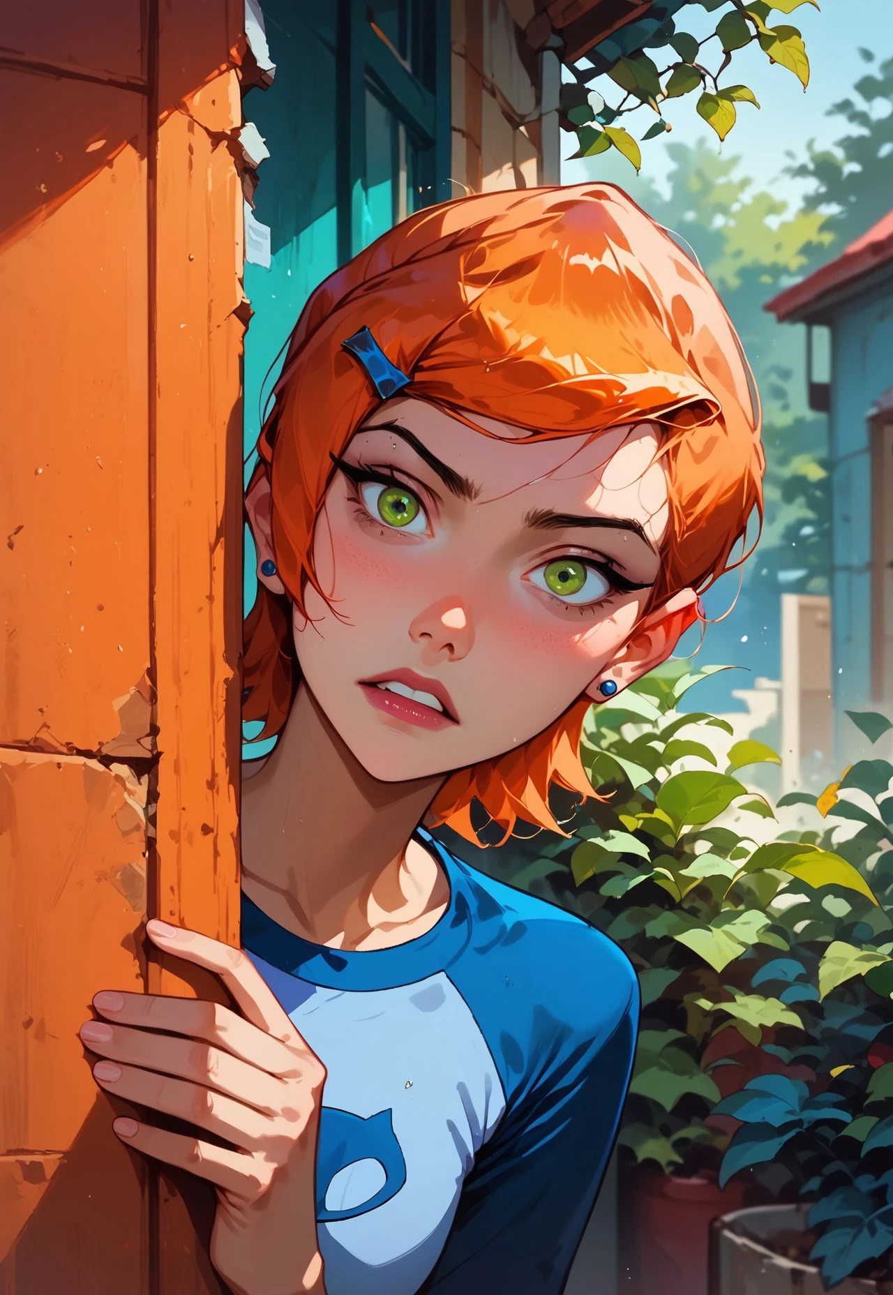 score_9, score_8_up, score_7_up, score_6_up, score_5_up, score_4_up, 1girl, slim, fit, realistic, beautiful eyes, gwen tennyson (/Ben10)/,(ultra HD quality details), bright orange hair, short hair, (green eyes), mouth opened, hiding, focusing on colorful beetle,
masterpiece, best quality, highres, peeking out, upper body, hiding behind wall