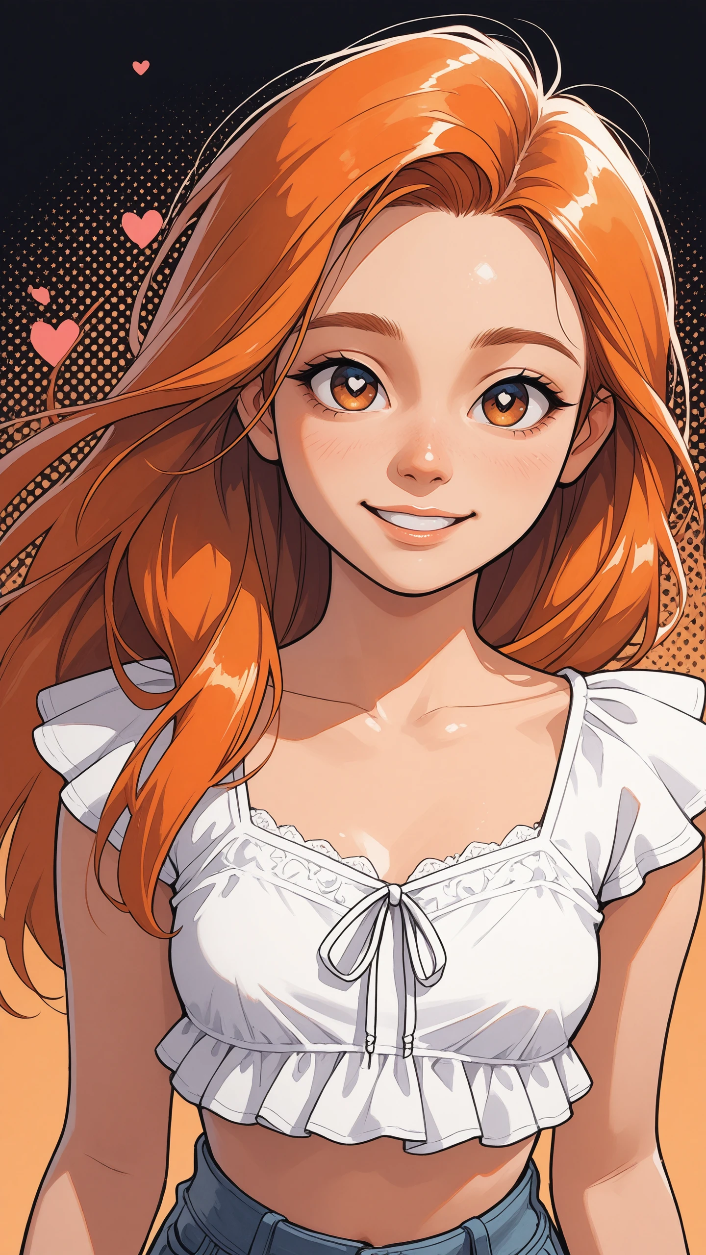masterpiece,best quality,amazing quality,very aesthetic,absurdres,newest,detailed eyes, Warm Colors, retro, realistic, romantic,
1girl, face, portrait, looking at viewer, ruffled-blouse,bare midriff, highwaist jeans, sneaker,
long hair, cute posinh, happy,
face focus, upper body view, dynamic angle,
black background, halftone background, hearts