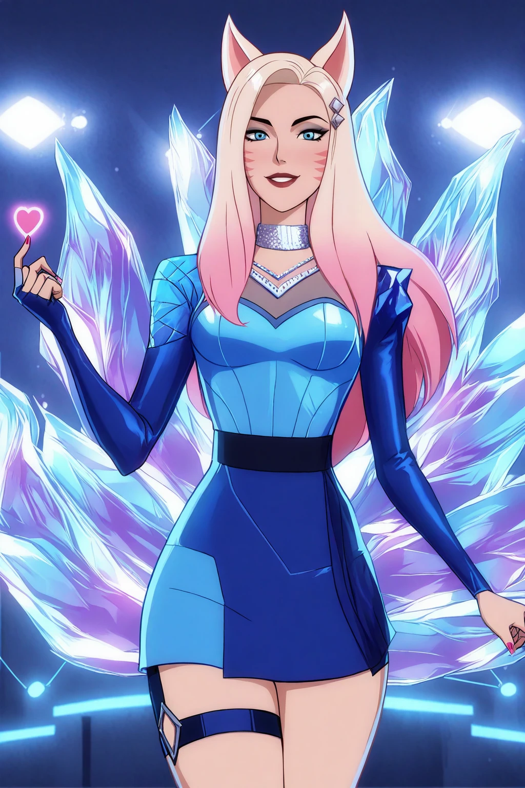 masterpiece, good quality, best quality, very awa, very as2, absurdres, highres,
<lora:KDA AhriIlluLoRA:1> 1. allout, ari, fox ears, long hair, facial mark, multicolored hair, gradient hair, hairclip, diamond necklace, blue white gown, right blue single long sleeve:1.2, left single bare shoulder, left single fingerless glove, thigh strap, fox tail, multiple tails, nail polish, crystal, heart, stage, spot light, smile
<lora:TomorrowverseStylelluLYCO:1> solo