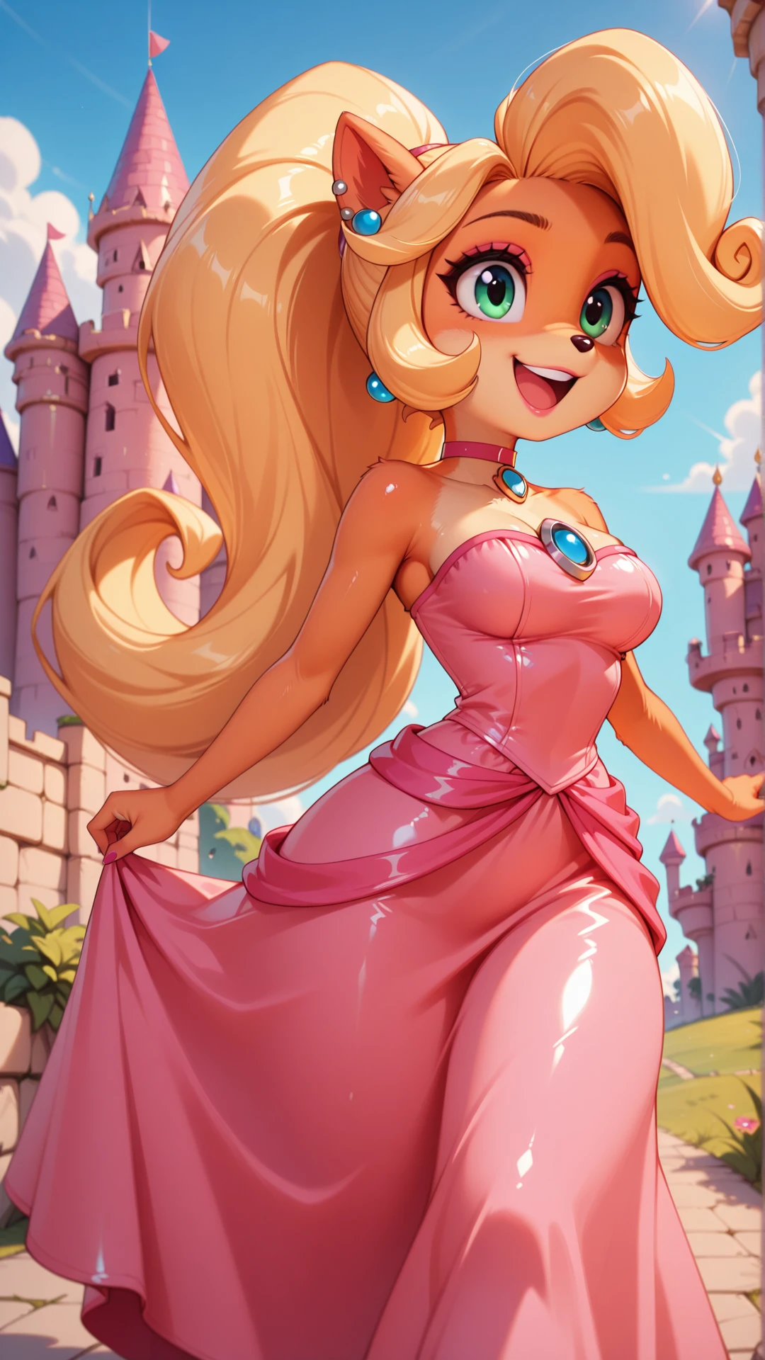 <lora:Princess_Peach_Shiny_Style_V3.0_Illustrious:0.7>,coco bandicoot,1girl,solo,jewelry,earrings,long hair,breasts,very long hair,big hair,choker,dress,medium breasts,bare shoulders,:d,outdoors,smile,open mouth,shiny,shiny skin,castle,furry,furry female,