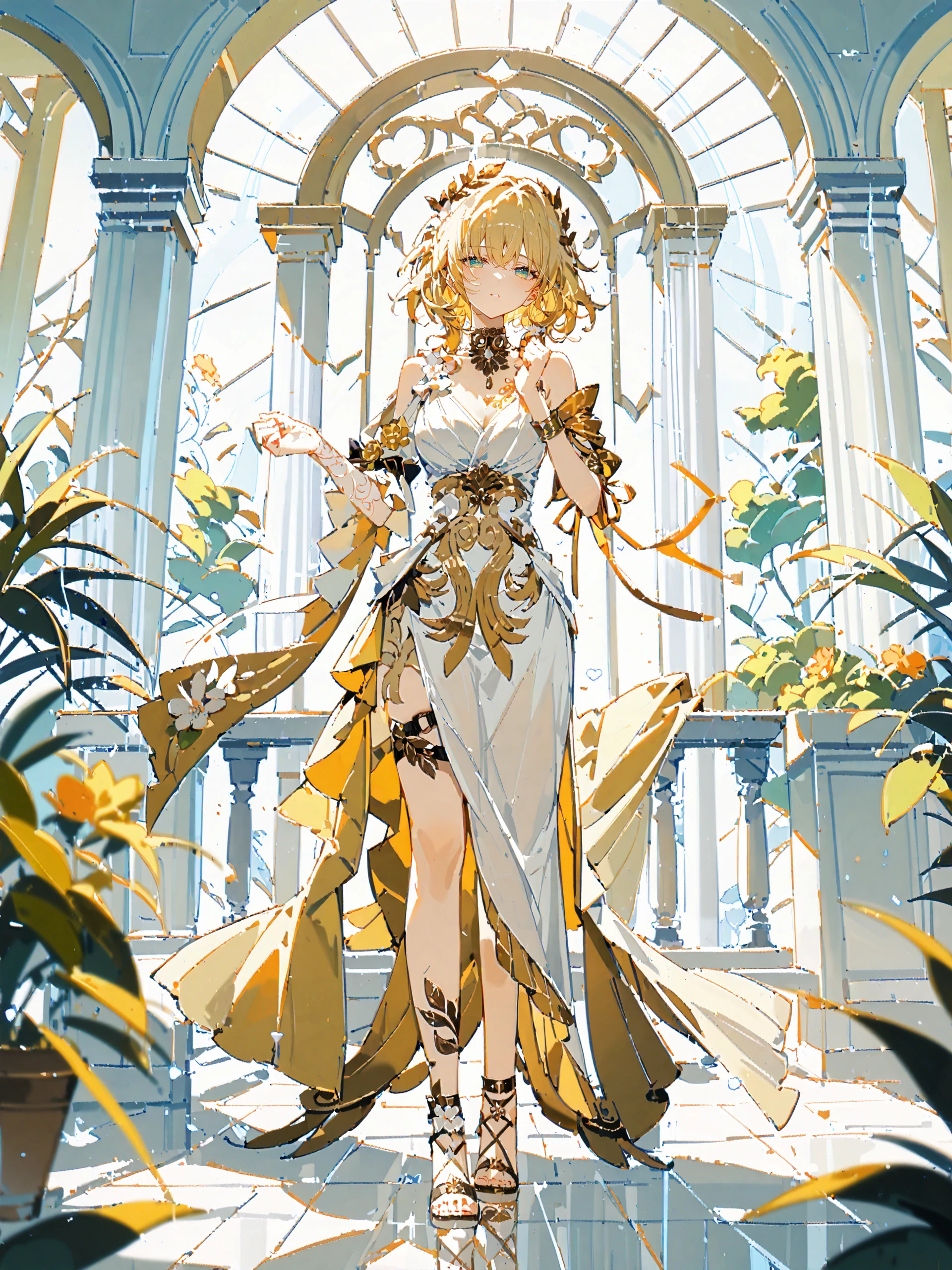 score_9, score_8_up, score_7_up, source_anime, ray tracing, best quality, <lora:Style-Expressive_H-pony:0.8:hr=0.4>, <lora:Char-HonkaiSR-Aglaea-V1-Pony:0.9:hr=0.6>, 1girl, solo, aglaea \(honkai: star rail\), hair flower, laurel crown, peplos, thigh strap, bracelet, detached sleeves, single lace glove, gold choker, breast tattoo, gladiator sandals, floating hair, looking at viewer, standing, imminent kiss, w arms, clenched hands, embarrassed, parted lips, greco-roman architecture, plants, flower, scenery, backlighting