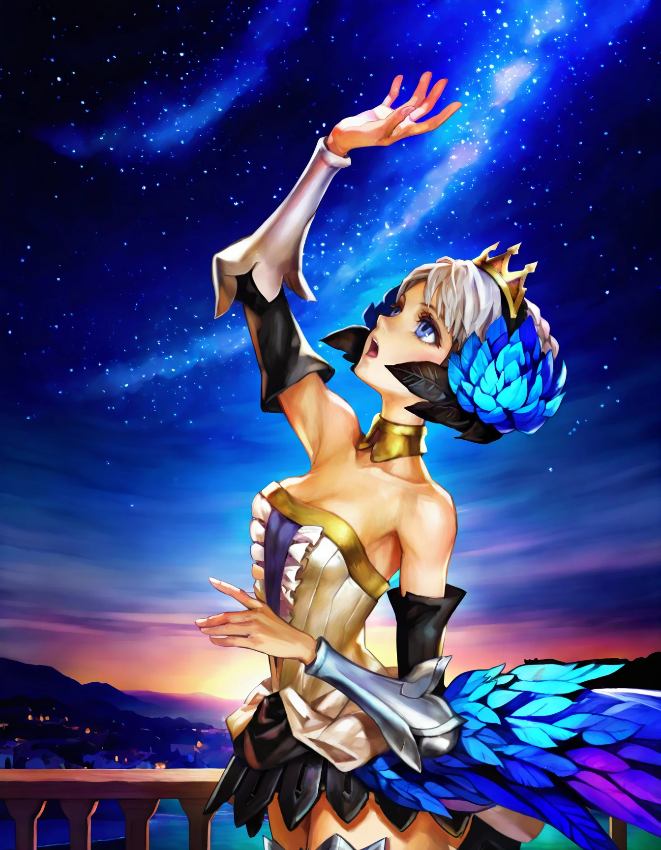 gwendolyn,odin sphere,solo,
1girl,
masterpiece,best quality,highres,
white hair,short hair,hair ornament,blue eyes,bare shoulders,armor,singing,looking up,arm up,balcony,night sky,from side