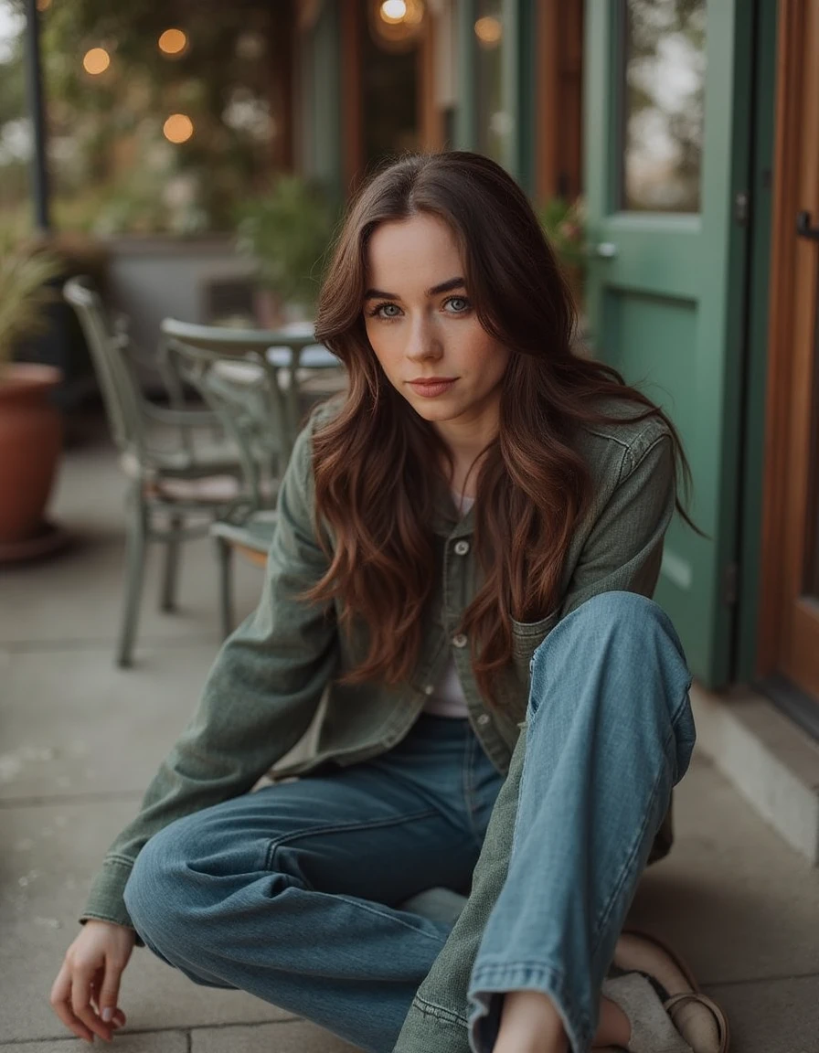 a beautiful 30 year old woman with brown hair. Sit on the floor with legs extended and slightly apart, leaning forward with one hand on the ground., a vintage outdoor patio, with antique furniture, classic decor, rich textures, warm lighting,<lora:sarah-desjardins-V2:1> s_desjardins,