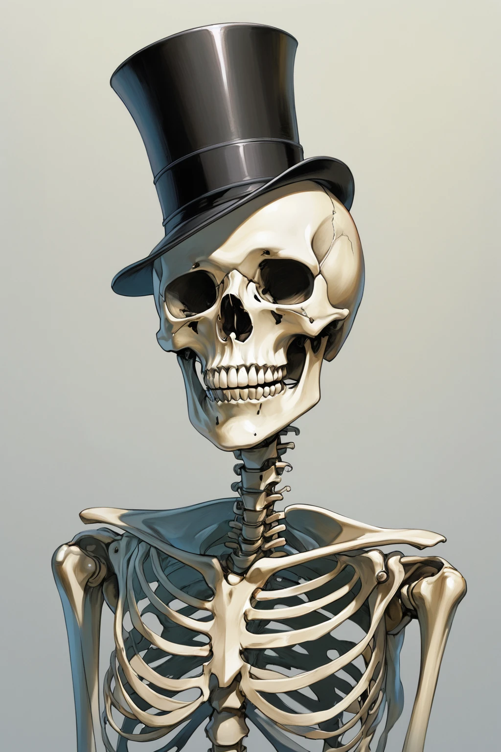 (by Katsuhiro Otomo, by Hiroshi Nagai, by Hajime Sorayama, by Sam Yang), (speed art, 2D painting, pastel colors, high detail, gradient background, pastel background, beautiful art, hyper realistic), (skeleton, top hat, looking at the viewer), (dutch angle, wide angle, full view)