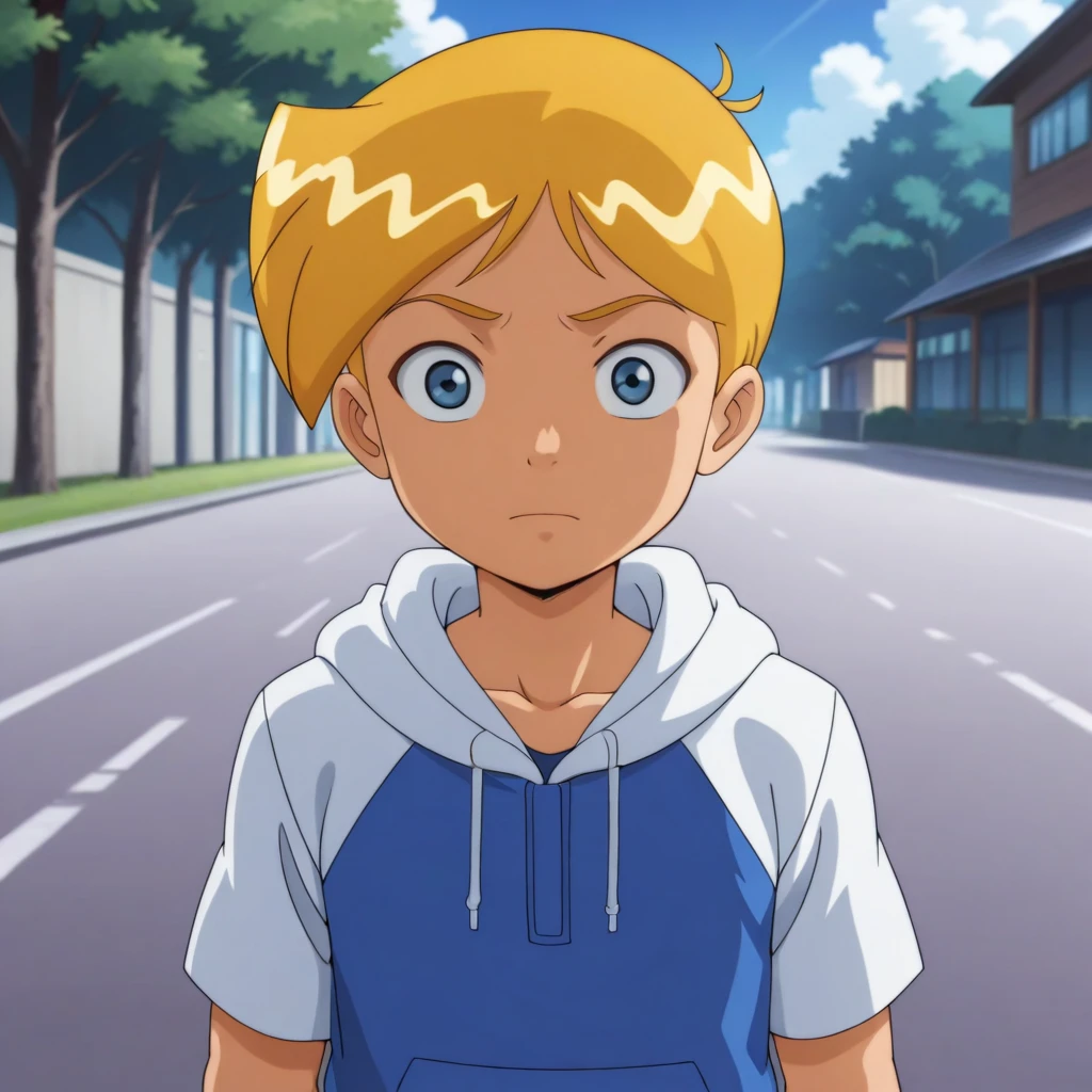 masterpiece, best quality, 1boy, solo, Norman, short hair, blonde hair, blue eyes, hoodie, upper body, outdoors, <lora:Norman_TotallySpies_illustrious_Leaf1:1>, anime screenshot, looking at viewer,