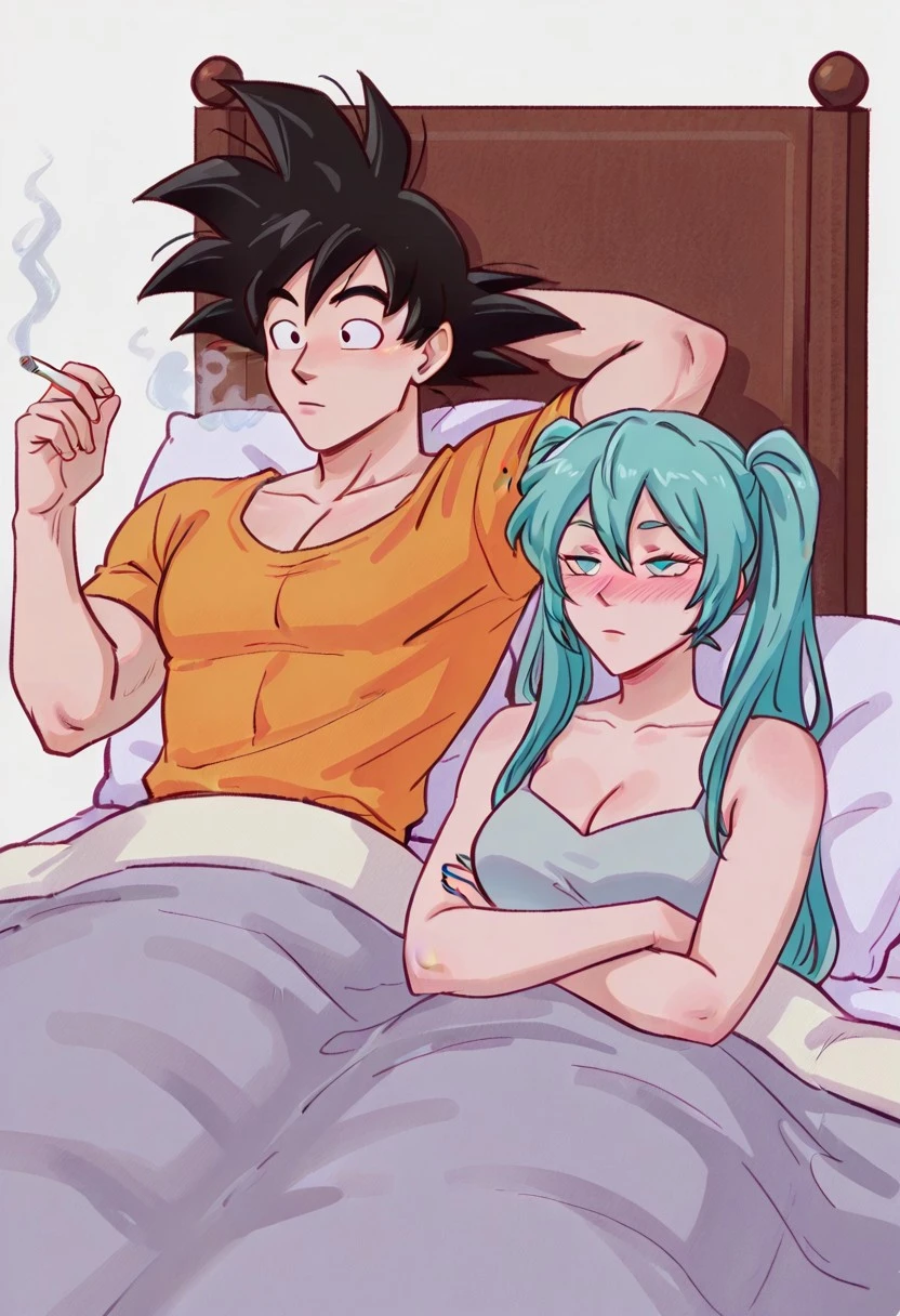 smokinginbedmeme, 1girl, 1boy, hatsune miku, expressionless, cleavage, smoking, holding cigarette, smoke, cigarette, arm behind head, son goku, nose blush, under covers, crossed arms,  on bed, after sex, bed, pillow, blanket,