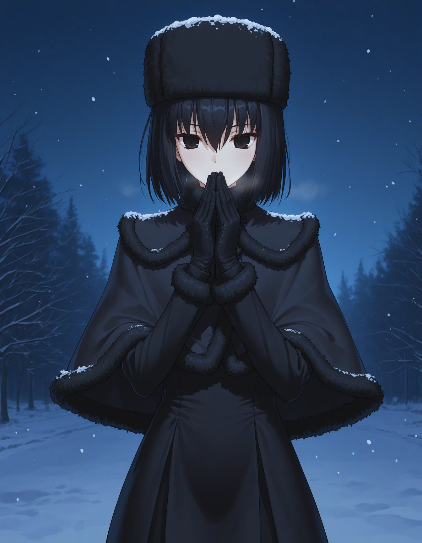 1girl, solo, kuonji alice, black hair, short hair, hair between eyes, black eyes, Alice_Asc1, long black dress, ushanka, capelet, black gloves, fur trim, hands together, cowboy shot, outdoors, night, winter, snow, dark theme, low light <lora:kuonji_alice_ilxl_v2:0.8>
