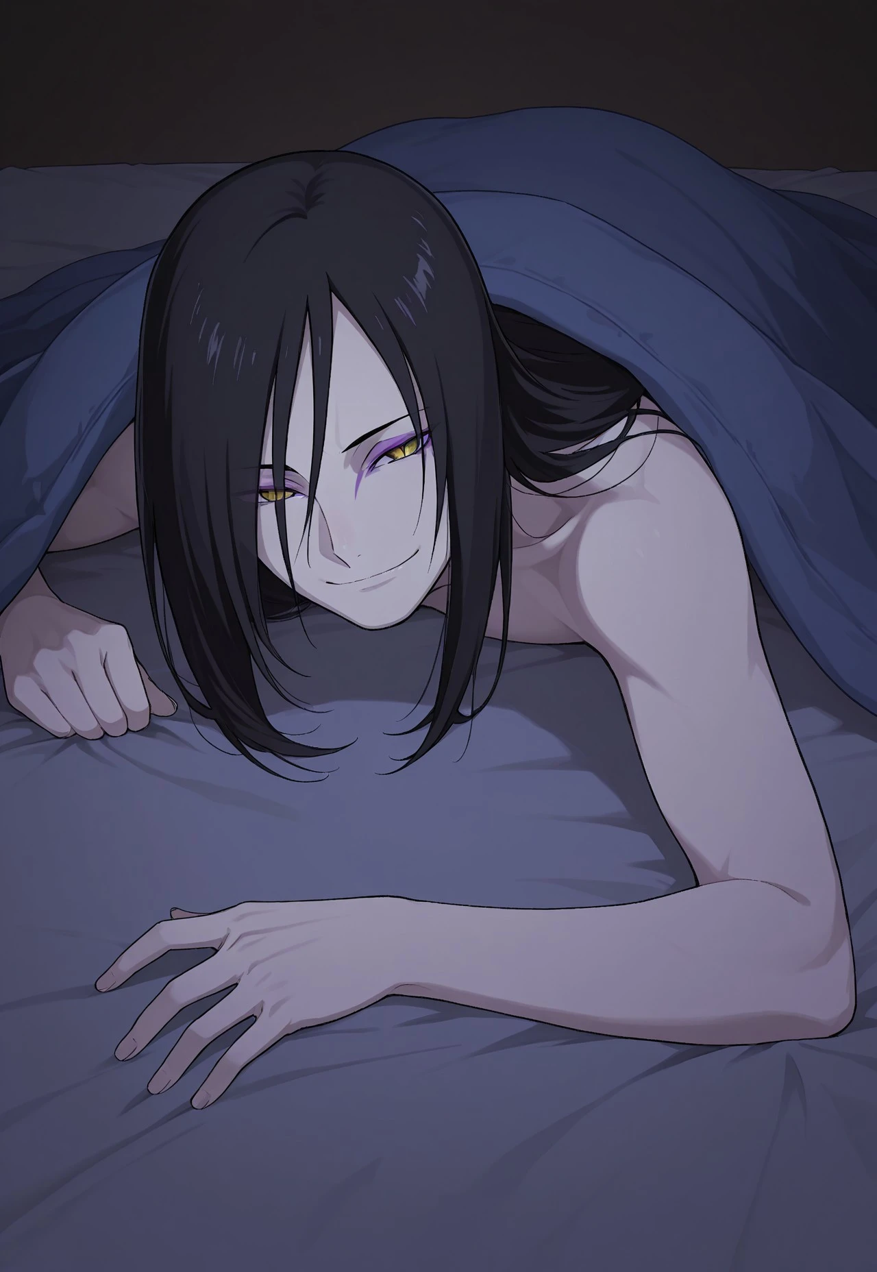 safe_pos, masterpiece, best quality, very aesthetic, NRTO_Orochimaru, 1boy, solo, male focus, black hair, long hair, yellow eyes, slit pupils, white skin, purple eyeliner, half-closed eyes, smile, naked, on bed, lying, convenient censoring, blanket, looking at viewer, perspective, dark, dungeon