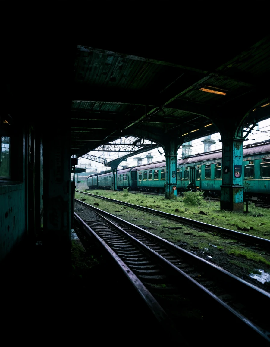 <lora:City_Worlds_02__Lost_-_City_3:1> cw02lost. abandonned train station, from side