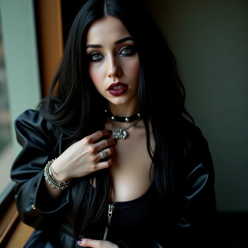 mggs2, ultra realistic, ultra detailed image, ultra quality,  <lora:Metal__Gothic_Girls__better_and_improved:1> mggs2, cinematic, ((full body shot)) gothic style,  a beautiful  gothic girl wearing a gothic outfit, looking at the camera in a sensual way, spiked bracelets, silver necklace, wearing black leather gothic boots, photorealistic, real photography,  Photorealistic, Hyperdetailed, analog style, soft lighting, subsurface scattering, heavy shadows, masterpiece,  ultra realistic 8k, golden ratio, Intricate high Detaisl, film photography, soft focus, RAW candid cinema, 16mm, color graded portra 400 film, remarkable color, ultra realistic  textured skin showcasing small sublte skin imperfections, skin pores, soft wrinkles, soft expression marks, remarkable detailed pupils, dramatic black face makeup, realistic dull skin noise, visible skin detail, skin fuzz, dry skin, shot with cinematic camera, Photorealistic, Hyperrealistic, Hyperdetailed, analog style, soft lighting, subsurface scattering, realistic, heavy shadow, masterpiece, best quality, ultra realistic, 8k, golden ratio, Intricate, High Detail, film photography, soft focus, RAW candid cinema, 16mm, color graded portra 400 film, remarkable color, ultra realistic, textured skin, remarkable detailed pupils, realistic dull skin noise, visible skin detail, skin fuzz, dry skin, shot with cinematic camera