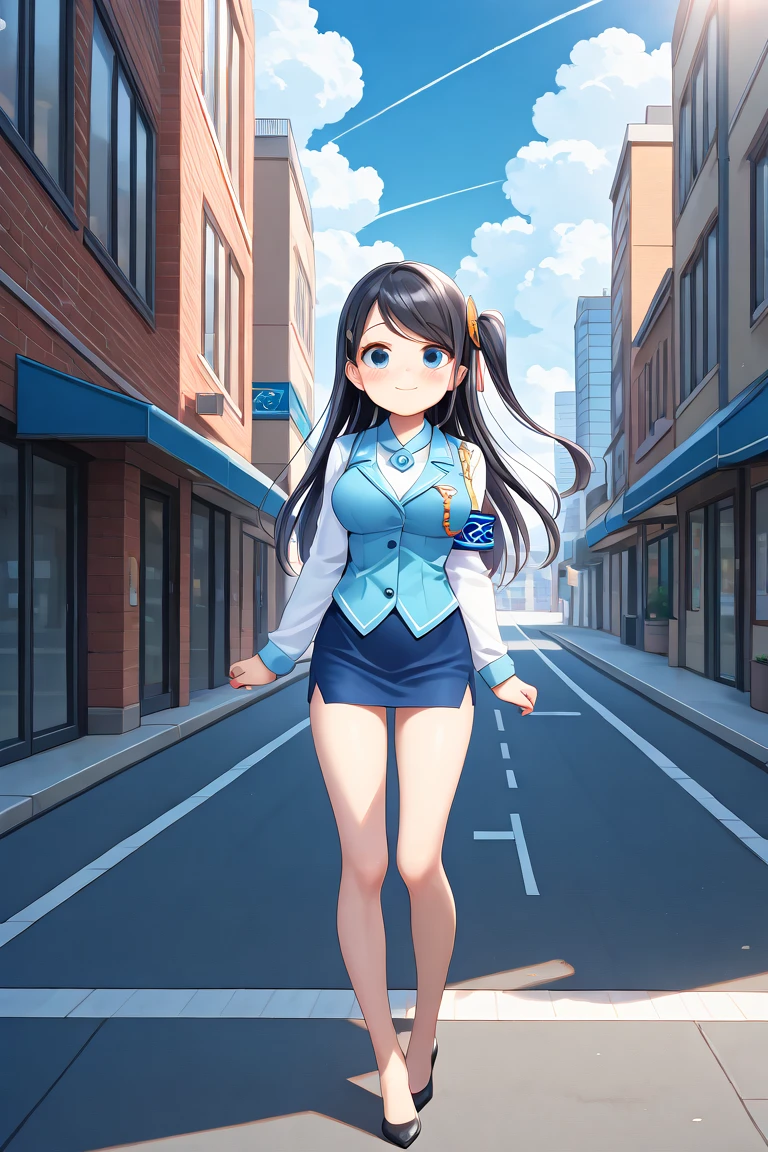 <lora:KRTGirlsXiaoQiong:1>, 1girl, solo, full shot, long hair, black hair, one side up, blue eyes, medium breasts, swept bangs, long sleeves, pencil skirt, armband, blue vest, uniform, blue skirt, hair ornament, white shirt, collared shirt, miniskirt, high heels, bare legs, necktie, thighs, street, modern east asia city, sky, outside, cloud, modern east asia style cityscape, blush, embarrassed, looking at viewer, smile, seduce, â¡, beautiful sunlight effect, happy, date