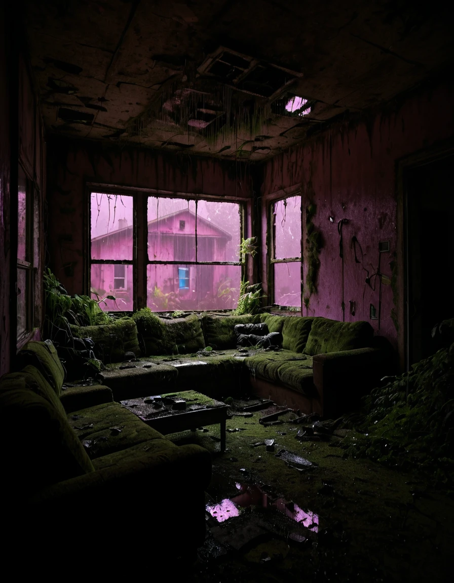 <lora:City_Worlds_02__Lost_-_Home:1> cw02lost. abandoned house, abandoned living room, from side, wet, vegetation, windows,