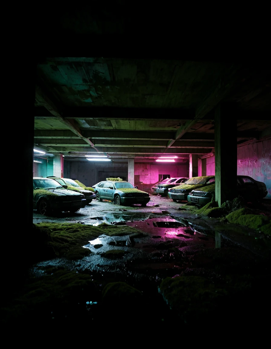 <lora:City_Worlds_02__Lost:1> cw02lost, many abandonned cars, abandonned car parking, wet, vegetation, moss