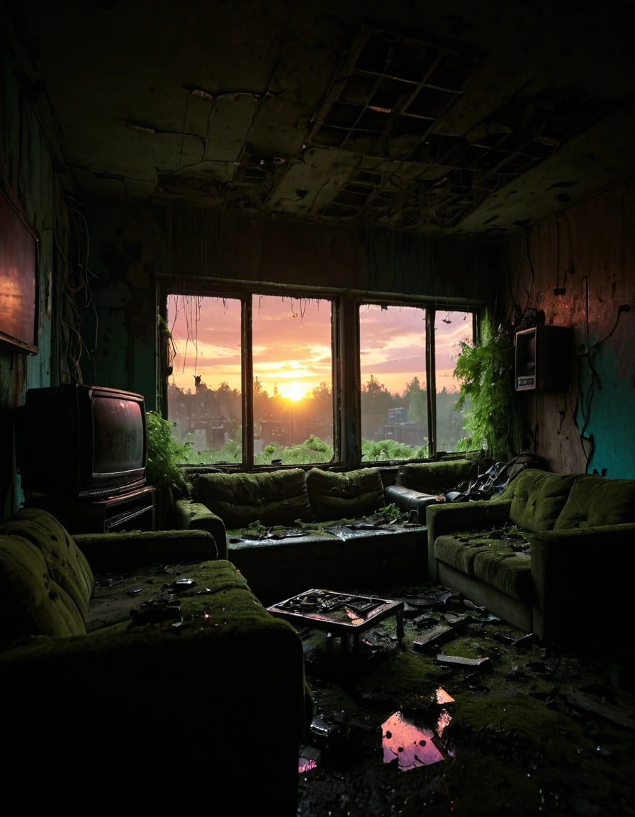 <lora:City_Worlds_02__Lost_-_Home:1> cw02lost. abandoned appartment, abandoned living room, from side, wet, vegetation, windows, tv, sunset