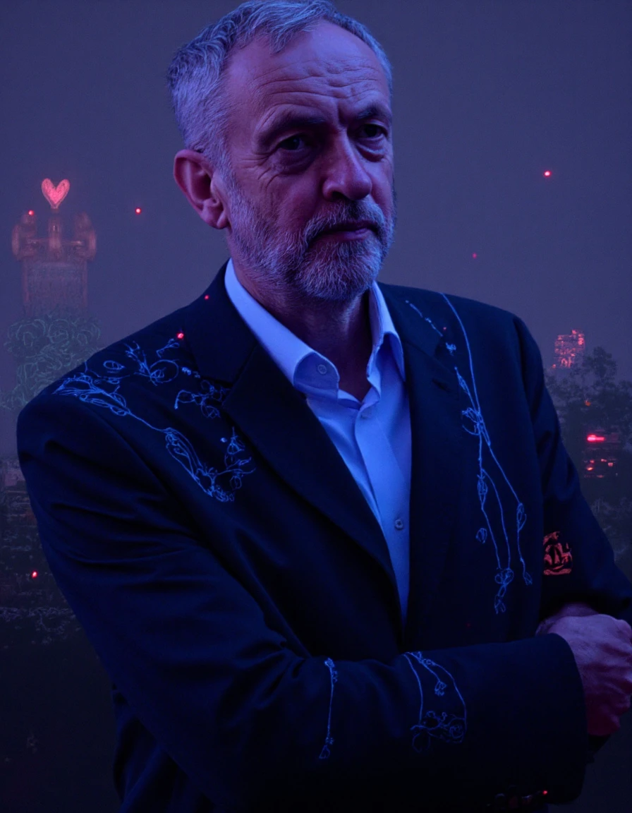 j3r3myc0r8yn a man depicted in a cyberpunk digital painting, standing against a neon-lit skyline. His trench coat is embedded with glowing circuitry, and holographic advertisements flicker around him. The art style is highly detailed with sharp contrasts between light and shadow, creating a futuristic noir aesthetic. <lora:Jeremy-Corbyn_F1D_v01e10:1.0>âââ