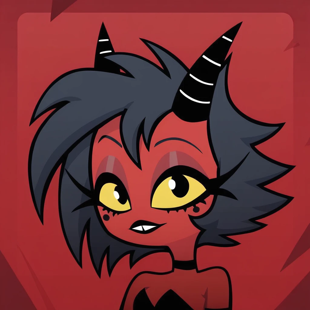 Dark evil devil Woman, Short red and black hair, Long devil horns on head (with red outlines), Long evil sinister sharp teeth smile, black eyes with red pupils, dark black shadow skin, Red mist in background, Dark Red cap on back, Holding a long dark metal Microphone staff.