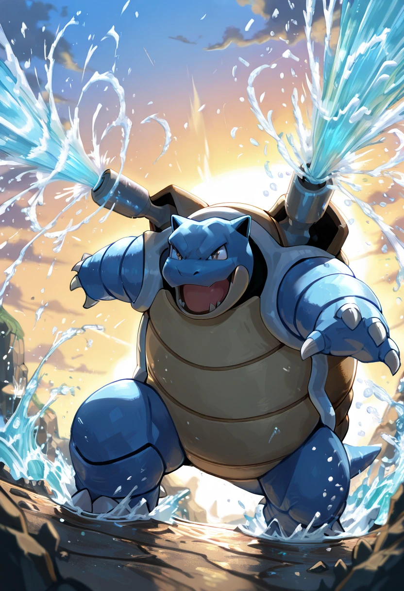 masterpiece, best quality, no humans, ,<lora:BlastoisePokedexIXL:1.0>, zzBlastoise, leaping out of the water, giant water jets propelling it into the air, powerful splash, dramatic backlighting from the sun, water splashing everywhere, strong and dynamic pose, muscular frame, with cannons charging up for an attack