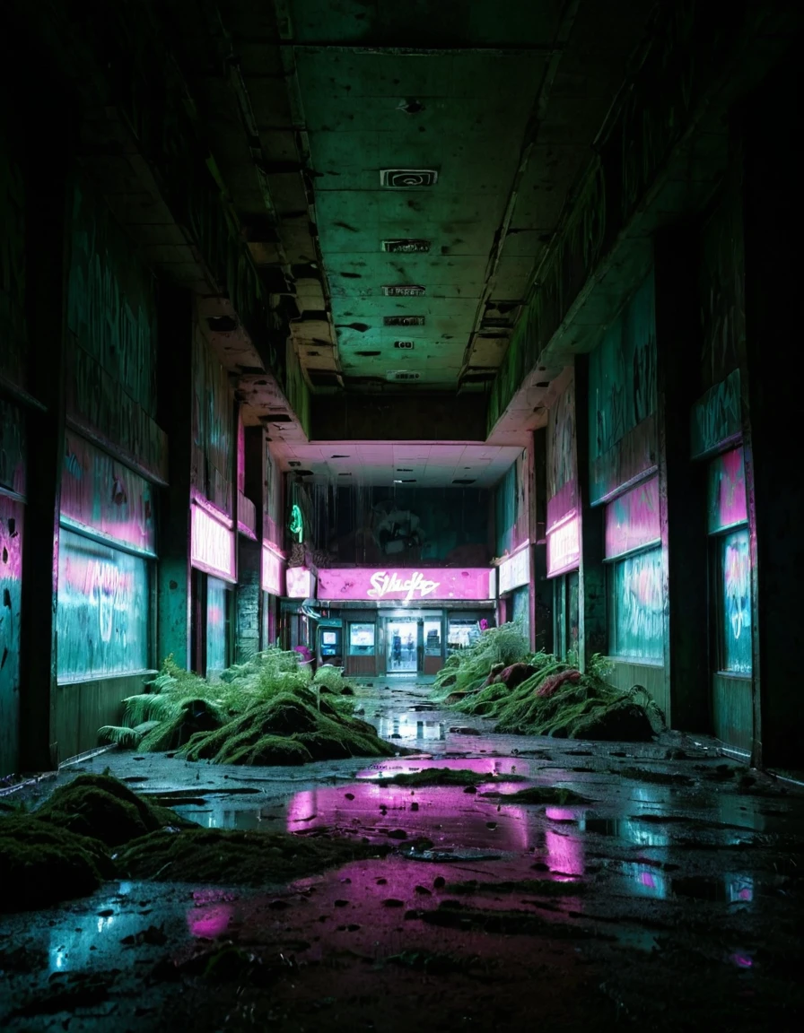 <lora:City_Worlds_02__Lost_-_City_1:1> cw02lost. abandonned mall, wet, from side, large hall