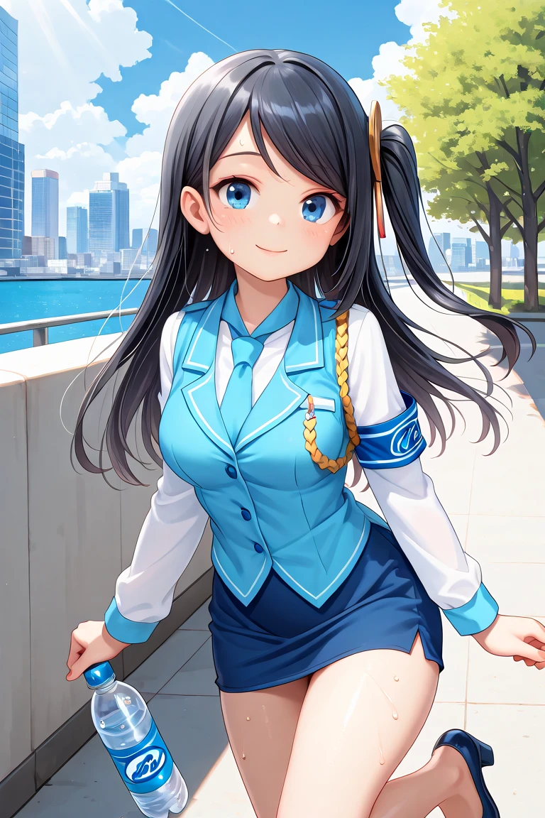 <lora:KRTGirlsXiaoQiong:1>, 1girl, solo, full shot, long hair, black hair, one side up, blue eyes, medium breasts, swept bangs, long sleeves, pencil skirt, armband, blue vest, uniform, blue skirt, hair ornament, white shirt, collared shirt, miniskirt, high heels, bare legs, necktie, thighs, in front of harbor, modern east asia city, tree, sky, sunlight, cloud, modern east asia style cityscape, hold water bottle, looking at viewer, smile, lot of sweat, â¡