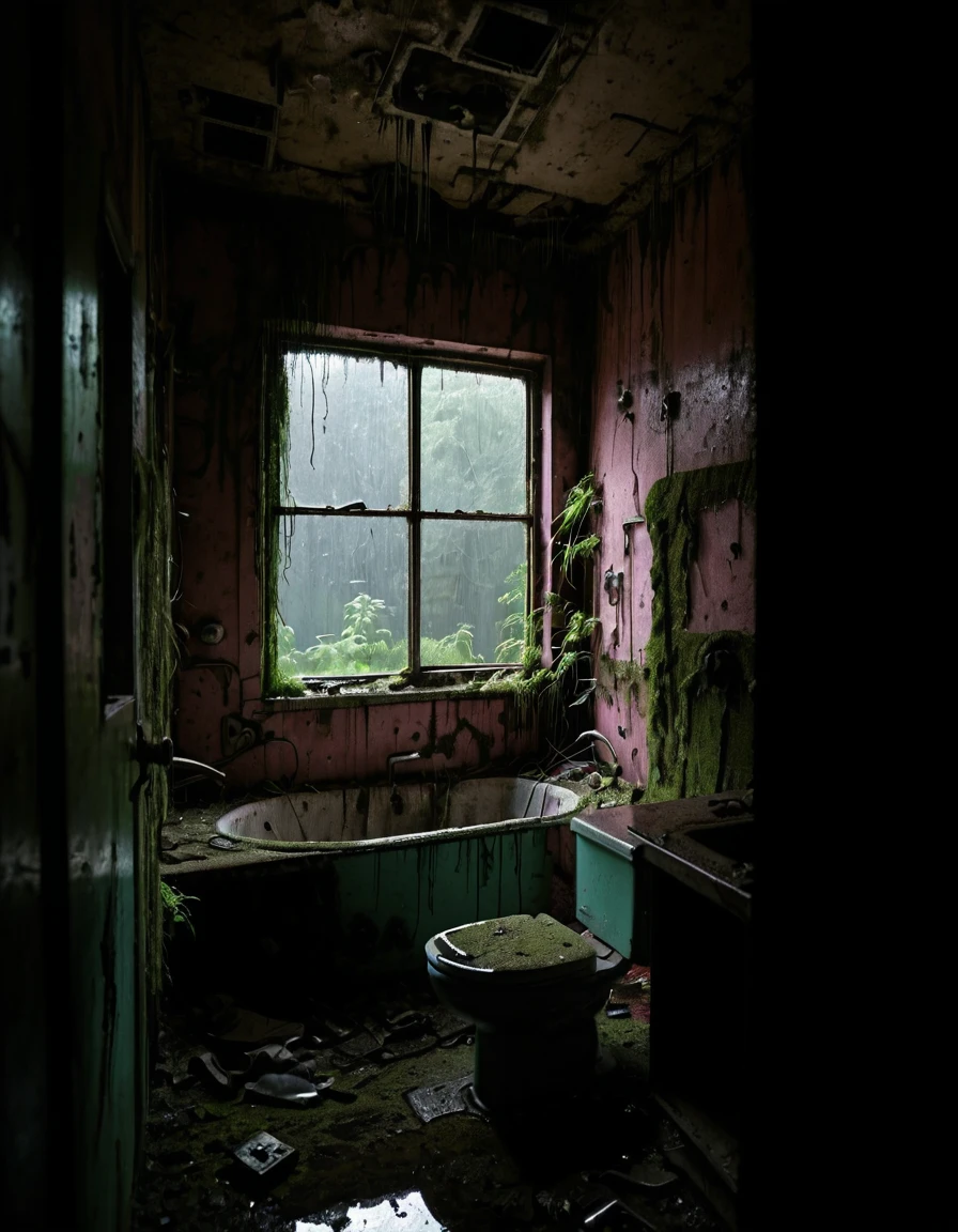 <lora:City_Worlds_02__Lost_-_Home:1> cw02lost. abandoned appartment, abandoned bathroom, from side, wet, vegetation, windows