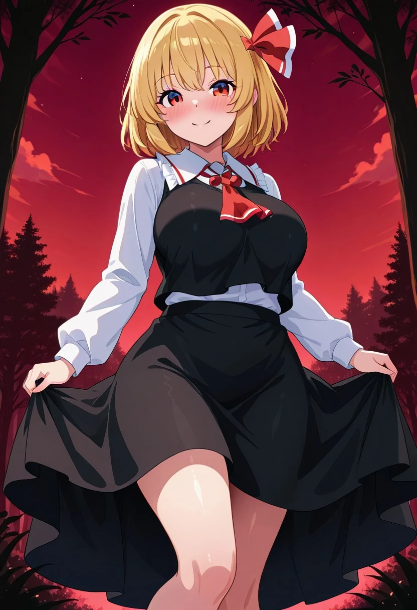 fusu style, ((forest)), ((night time)), ((red sky)), ((blush)), ((looking at viewer)), ((standing)), ((posing)), (1girl), ((solo)), ((large breasts)), ((rumia)), smile, blonde hair, red eyes, hair ribbon, black vest, white shirt, long sleeves, black skirt, red ascot, legs