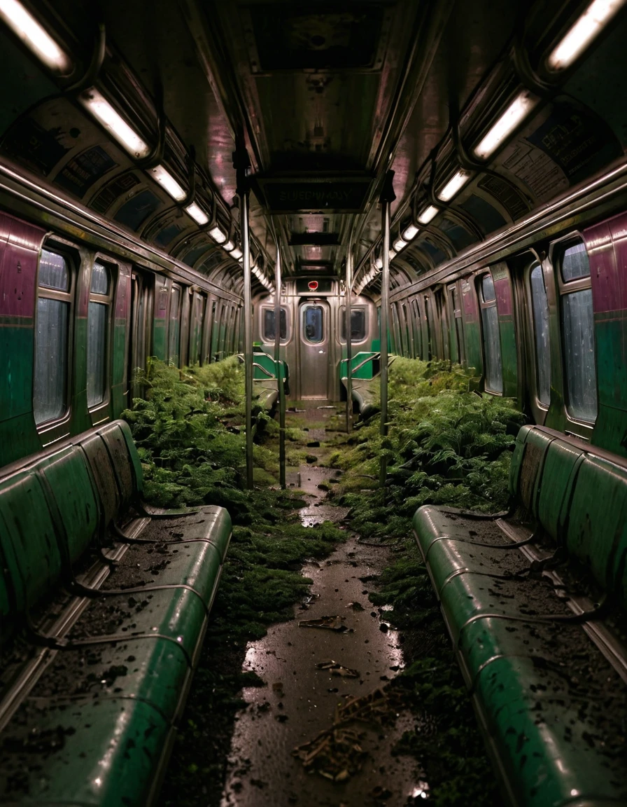 <lora:City_Worlds_02__Lost_-_City_2:1> cw02lost, inside abandonned subway train, vegetation, from side, closeup