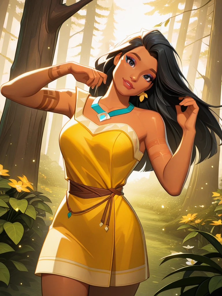 highres, hi res, best quality, masterpiece, cute, 
1girl, medium breasts, (PocahontasXL:1.1), long hair, black hair, black eyes, makeup, dark skin, yellow dress, bare shoulders, arm tattoo, necklace, jewelry,,makeup, parted lips, short dress,
light smile, dutch angle, sexy pose, happy, looking at viewer, forest, flowers, vegetation, trees, leafs, sunlight, sky, hands up, daylight, outdoors, dynamic pose, cowboy shot, head tilt, light particles, from above, portrait, one hand on hair,
<lora:Pocahontas-IL-000017:0.75> <lora:AMarvelRivals_style-06:1> MarvelRivals,,, semi realistic, cartoon,,,