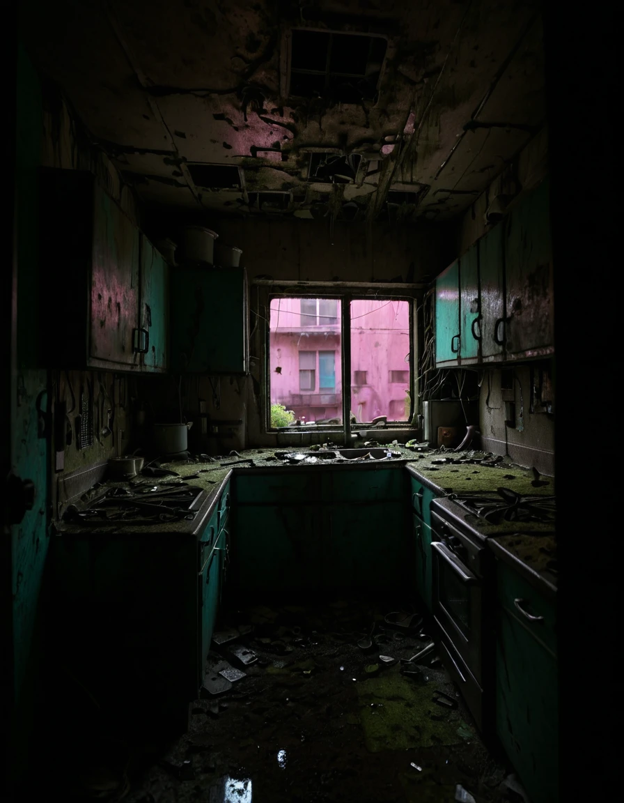 <lora:City_Worlds_02__Lost_-_Home:1> cw02lost. abandoned apartment, abandoned kitchen, from side,