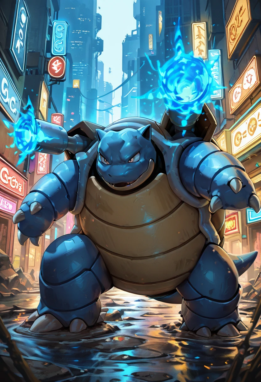 masterpiece, best quality, no humans, ,<lora:BlastoisePokedexIXL:1.0>, zzBlastoise, armored in futuristic tech, glowing blue energy cannons, cyberpunk cityscape in the background, neon lights reflecting off its metallic shell, sci-fi mech aesthetics, power radiating from its water cannons, sleek cybernetic design, futuristic urban jungle
